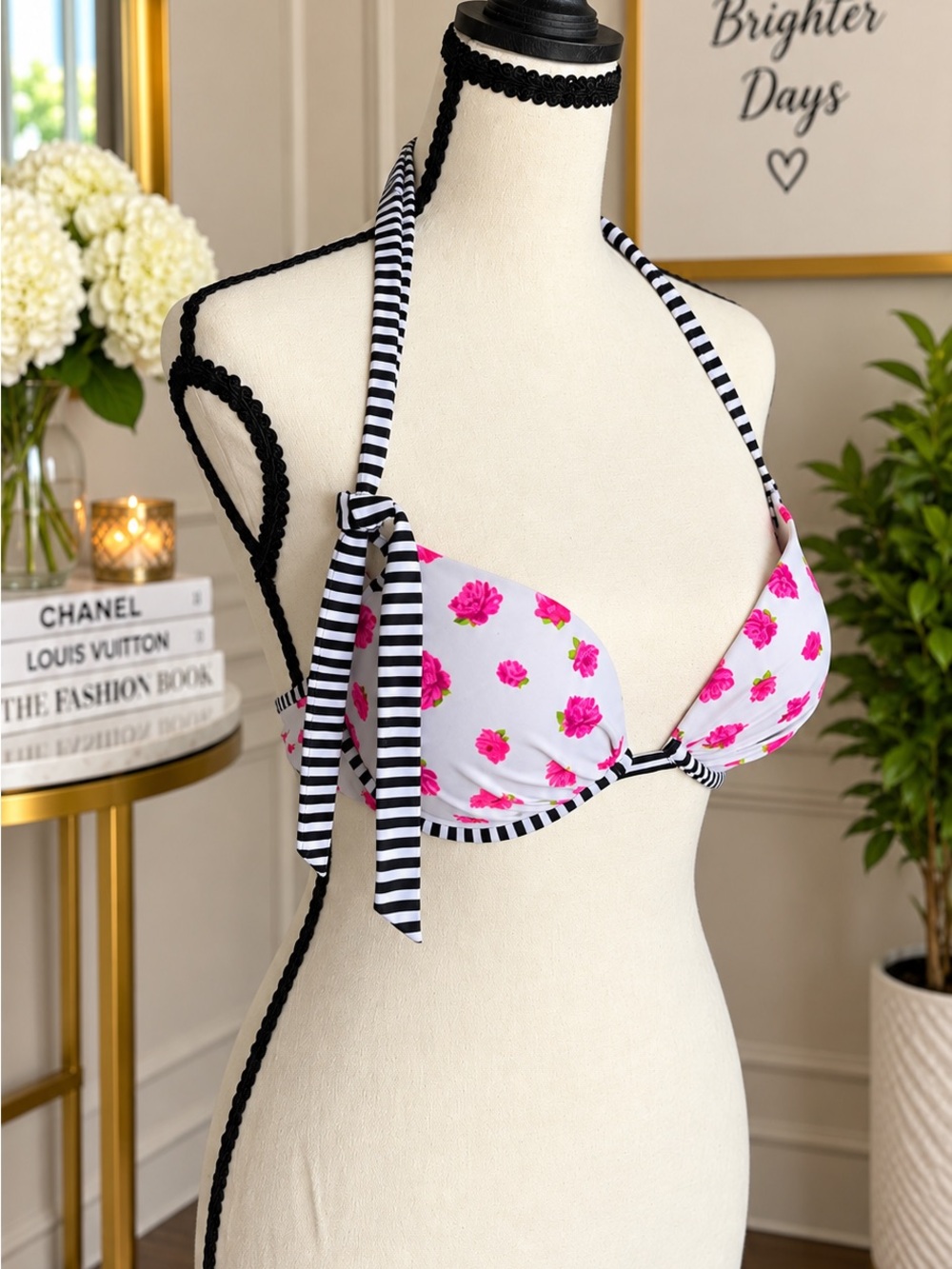 Victoria's Secret Pink Floral & Black-White Stripe Halter Bikini Top